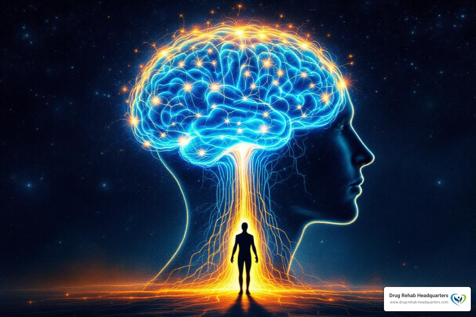 A stylized illustration of a human brain with neural pathways extending into the body, depicting the mind-body connection. - whole person healing