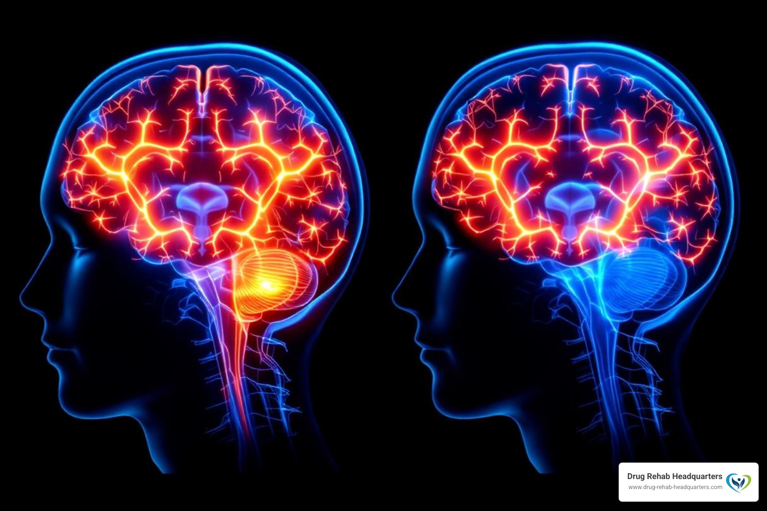 brain scans showing addiction's effects on dopamine pathways compared to a healthy brain - effective addiction treatment