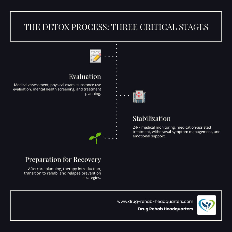 infographic showing three circular stages: Stage 1 - Evaluation (medical history assessment, physical exam, substance use evaluation, mental health screening), Stage 2 - Stabilization (24/7 medical monitoring, medication-assisted treatment, withdrawal symptom management, emotional support), Stage 3 - Preparation for Recovery (aftercare planning, therapy introduction, transition to rehab, relapse prevention strategies) - detox pompano beach infographic infographic-line-3-steps-dark