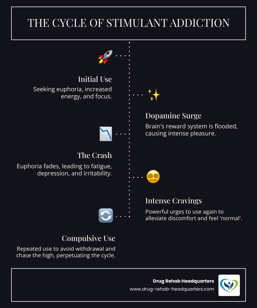 Infographic showing the cycle of stimulant addiction: Initial use leads to intense euphoria and dopamine surge, followed by a crash with fatigue and depression, leading to intense cravings and compulsive use to avoid withdrawal, creating a repeating cycle that becomes harder to break over time - stimulant addiction treatment infographic infographic-line-5-steps-dark
