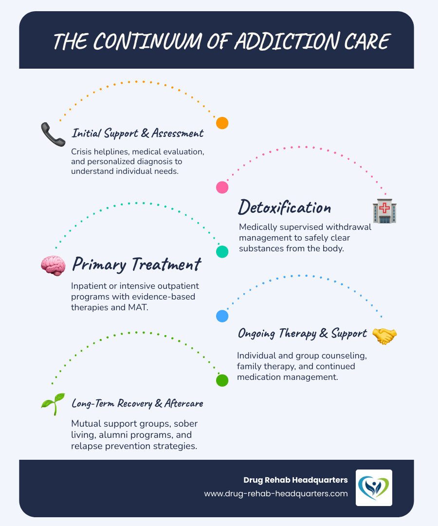 infographic showing the continuum of addiction care from initial crisis support through detox, inpatient treatment, outpatient programs, therapy options, medication-assisted treatment, support groups, and aftercare services with arrows showing progression and interconnection between levels - addiction support services infographic infographic-line-5-steps-blues-accent_colors