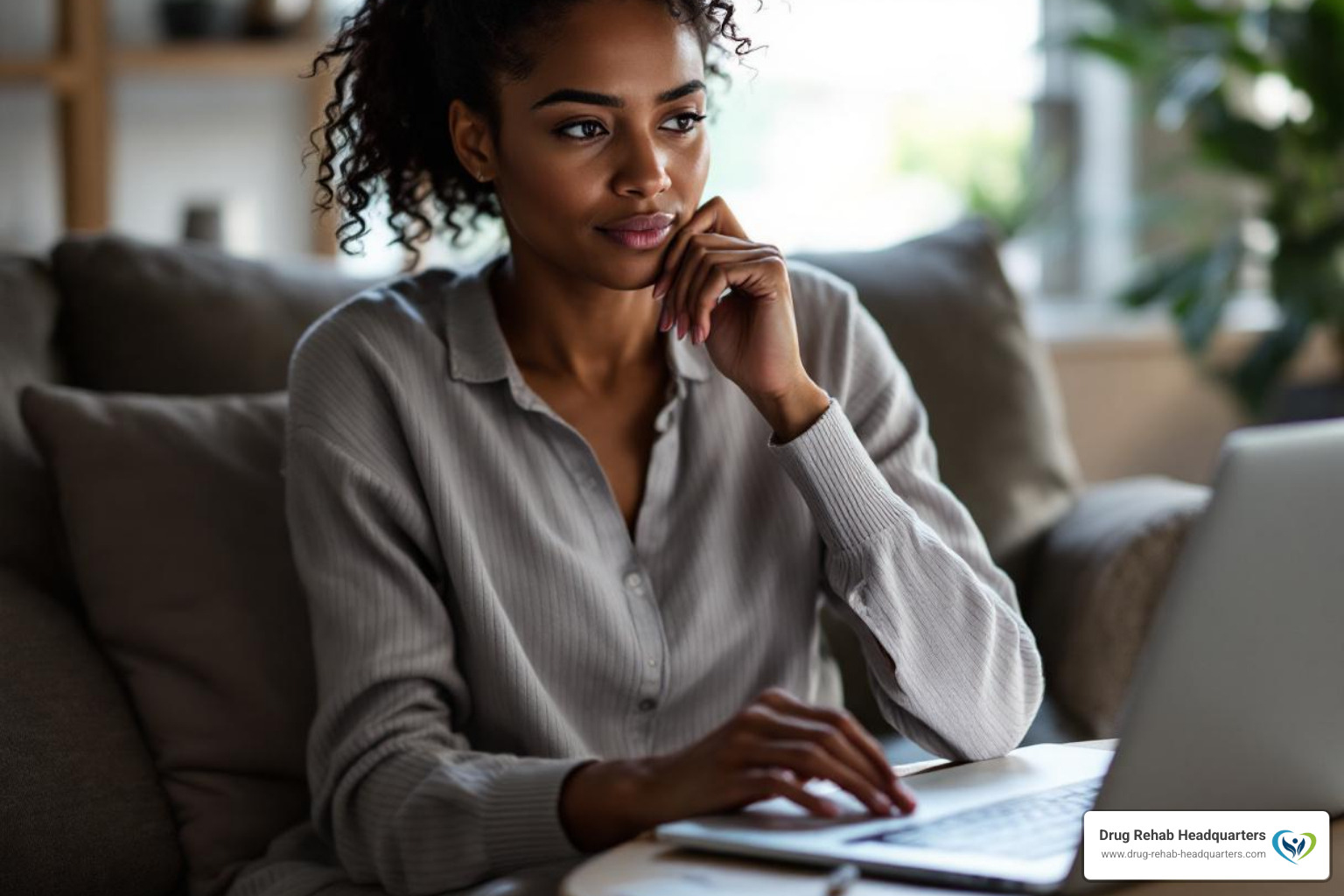 person thoughtfully researching treatment options on a laptop - find alcohol treatment