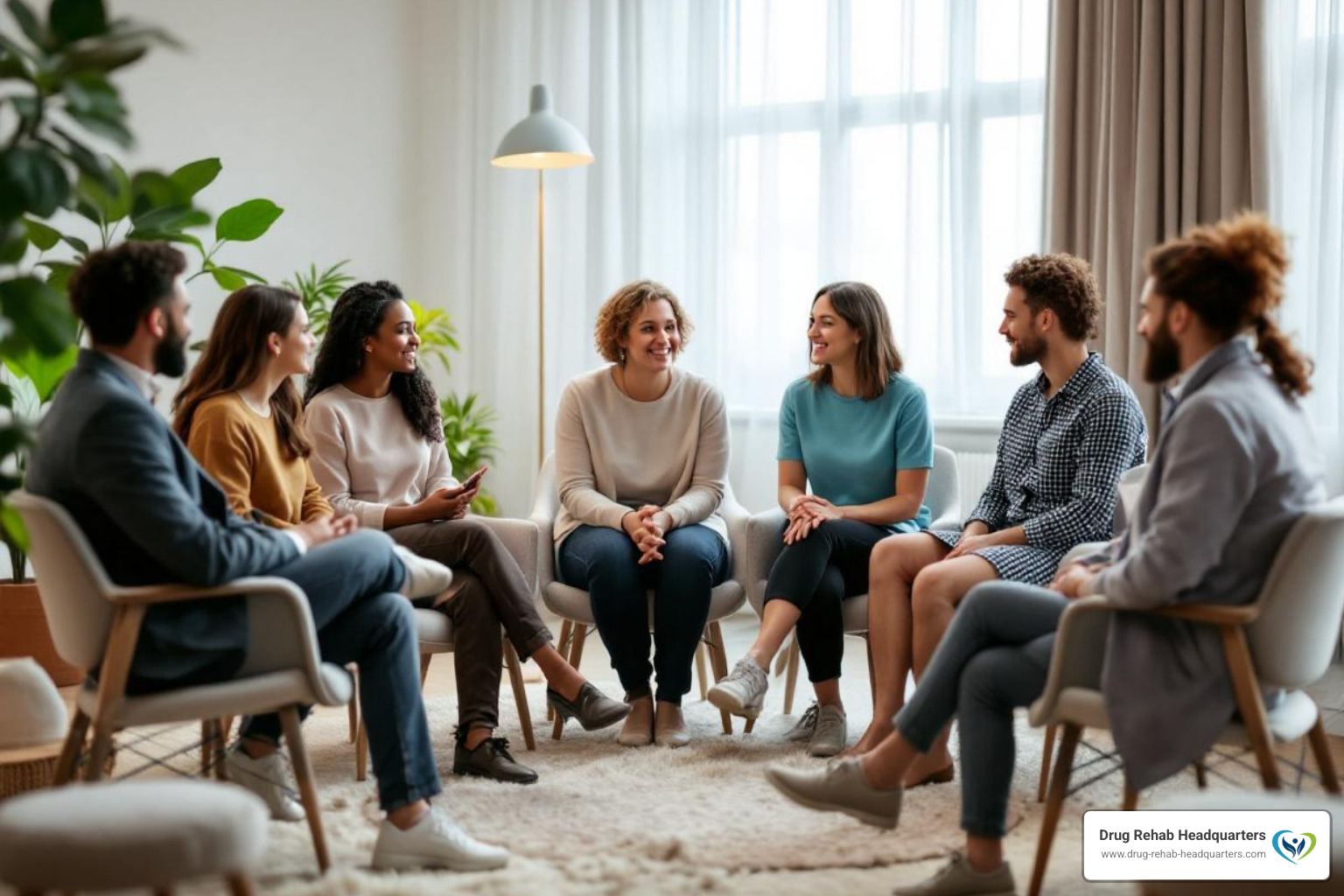 A diverse group of individuals sitting in a circle, engaged in a supportive group therapy session with a counselor - Xanax addiction rehab