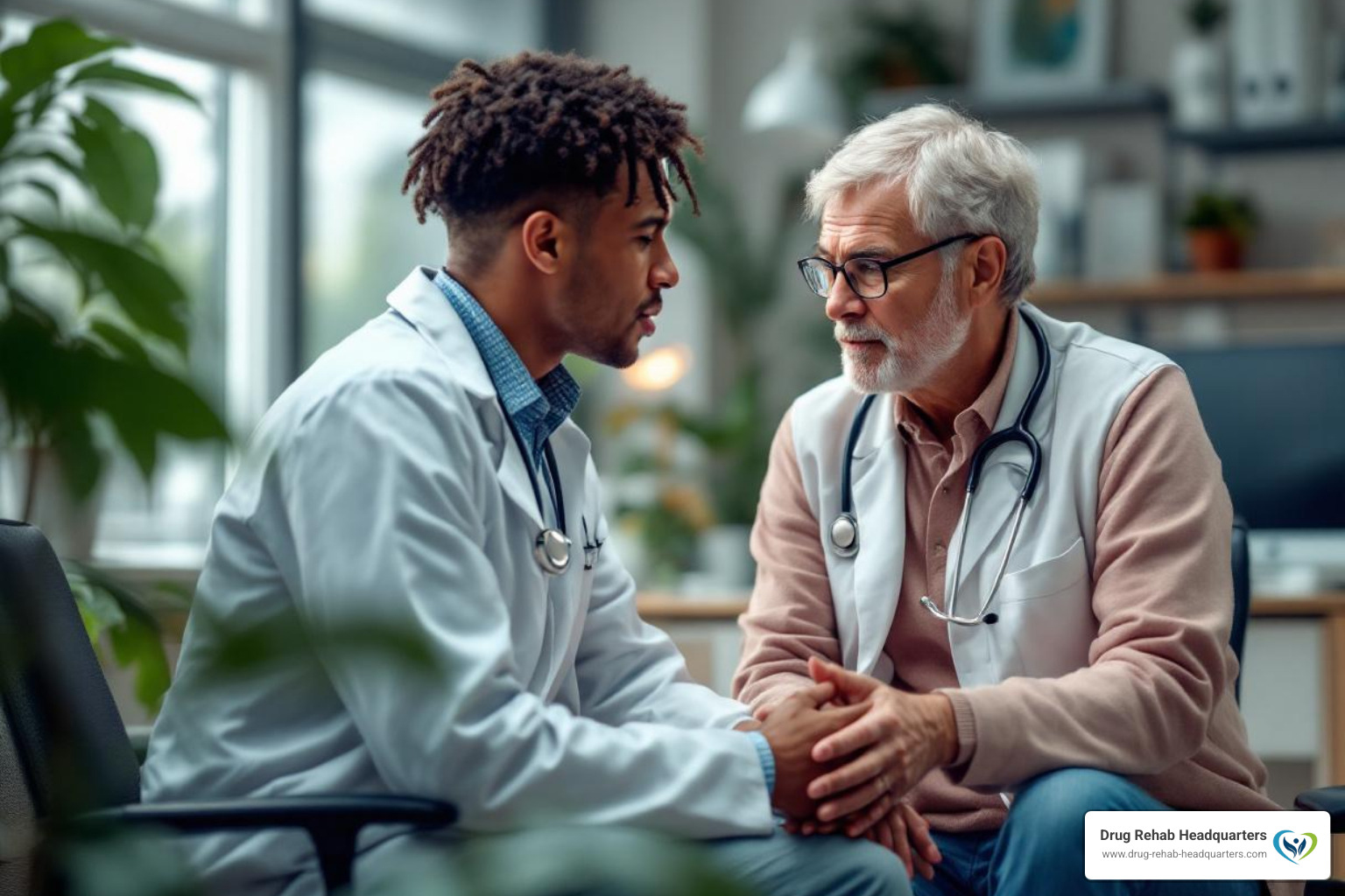 A patient having a serious conversation with a medical professional in a clinical setting about their Xanax withdrawal symptoms and treatment plan - Xanax addiction rehab