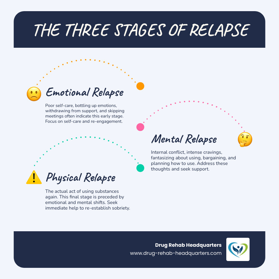 Infographic showing the three stages of relapse: Emotional Relapse (characterized by poor self-care, bottling up emotions, withdrawing from support, mood swings, and skipping meetings), Mental Relapse (featuring internal conflict, cravings, fantasizing about past use, bargaining, and planning to use), and Physical Relapse (the act of using substances again), with arrows showing progression from one stage to the next and intervention points at each stage - relapse prevention program infographic infographic-line-3-steps-blues-accent_colors