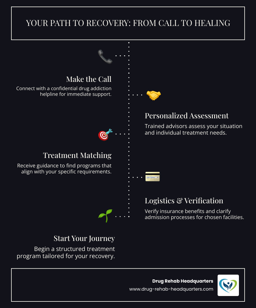 infographic showing the journey from making a helpline call through assessment, treatment matching, insurance verification, facility selection, and starting recovery - drug addiction helpline infographic infographic-line-5-steps-dark