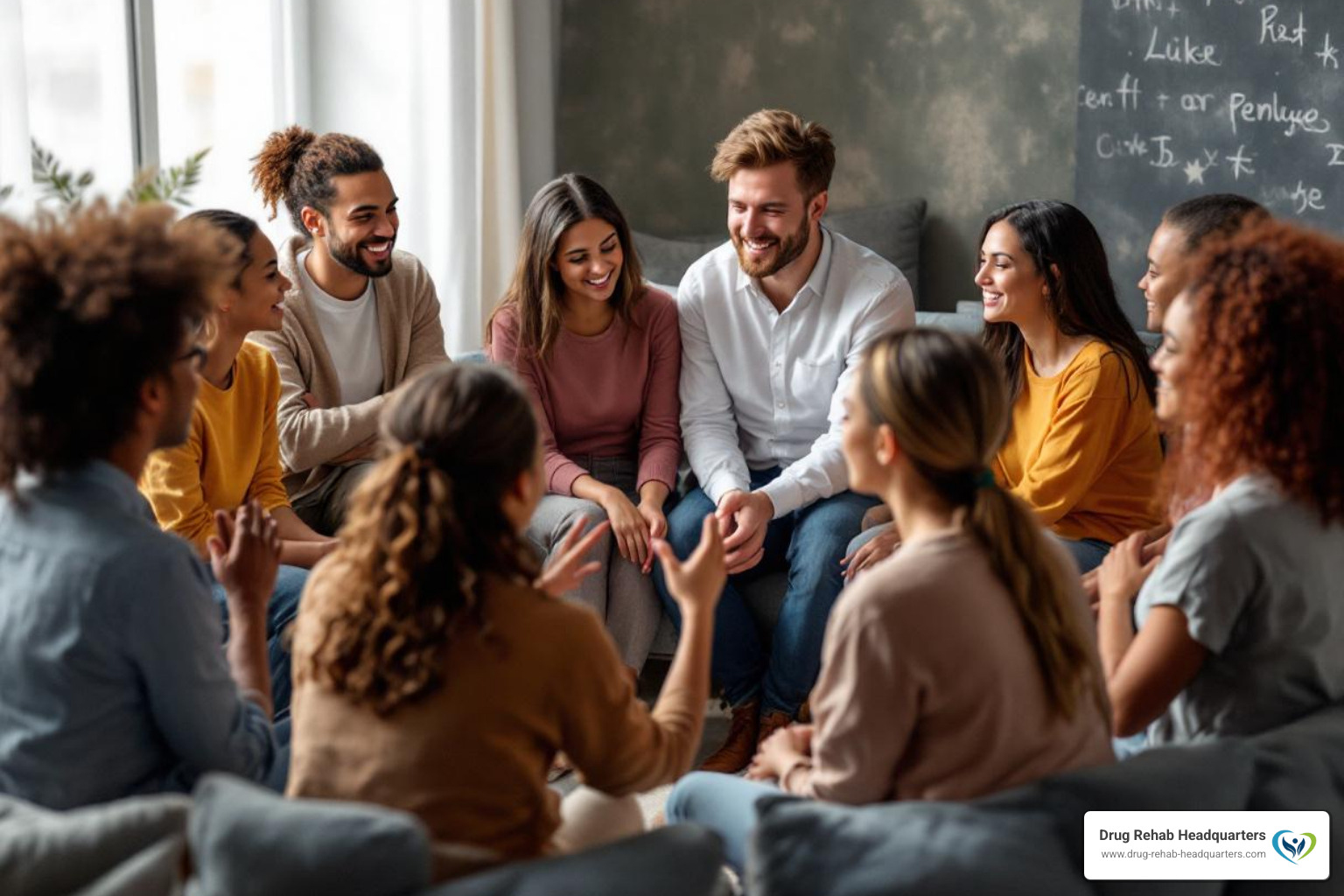 diverse group of people in a support setting - drug addiction helpline