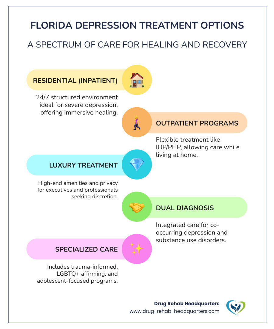 infographic showing depression treatment options in florida including residential treatment with 24/7 care and structured environment, partial hospitalization programs with 6 hours daily programming, intensive outpatient programs with 3 hours three times weekly, standard outpatient care with weekly sessions, specialized programs for dual diagnosis and trauma, and luxury options with executive amenities - depression treatment centers florida infographic infographic-line-5-steps-colors