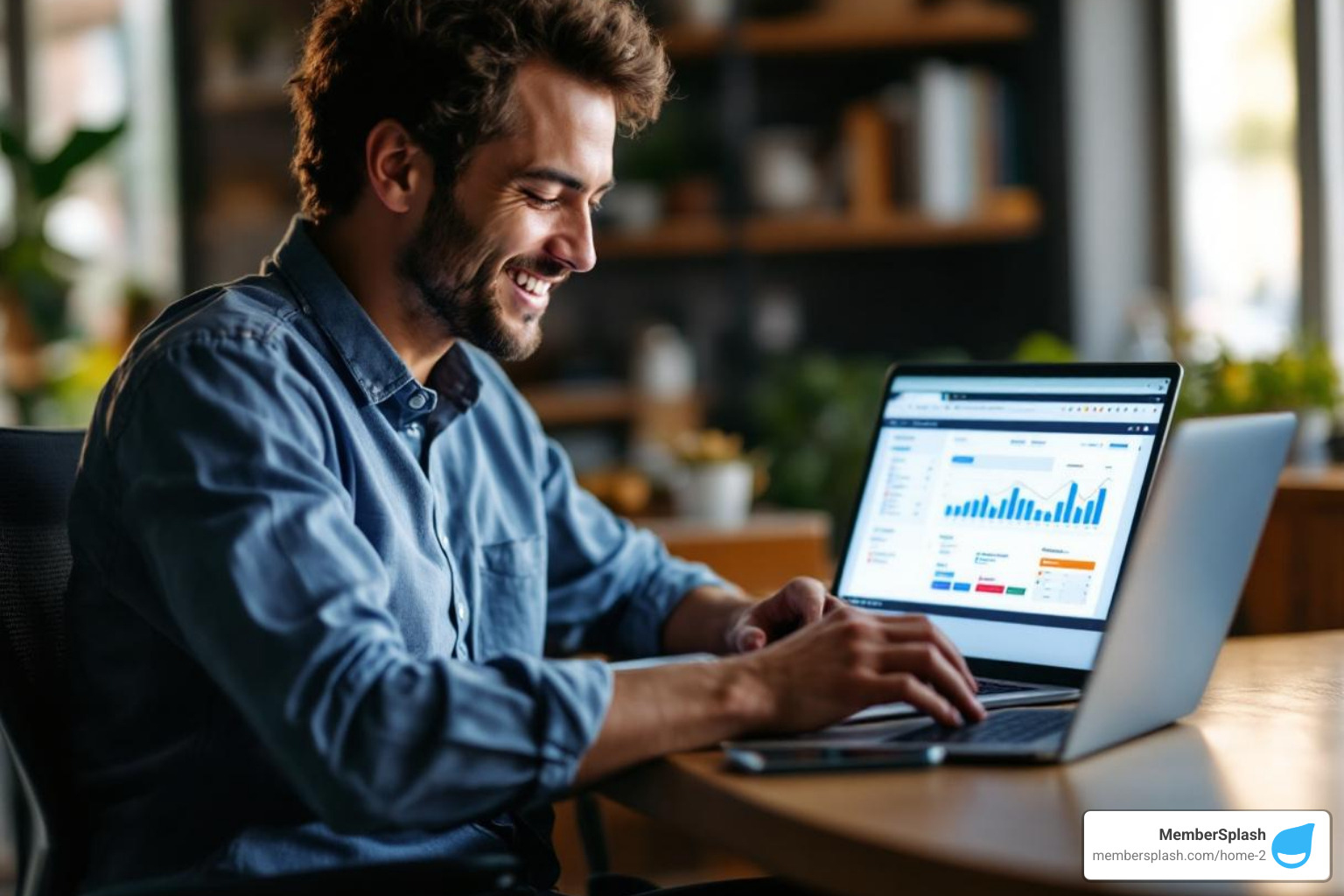 an event organizer looking relaxed and reviewing event data on a laptop - Online event registration