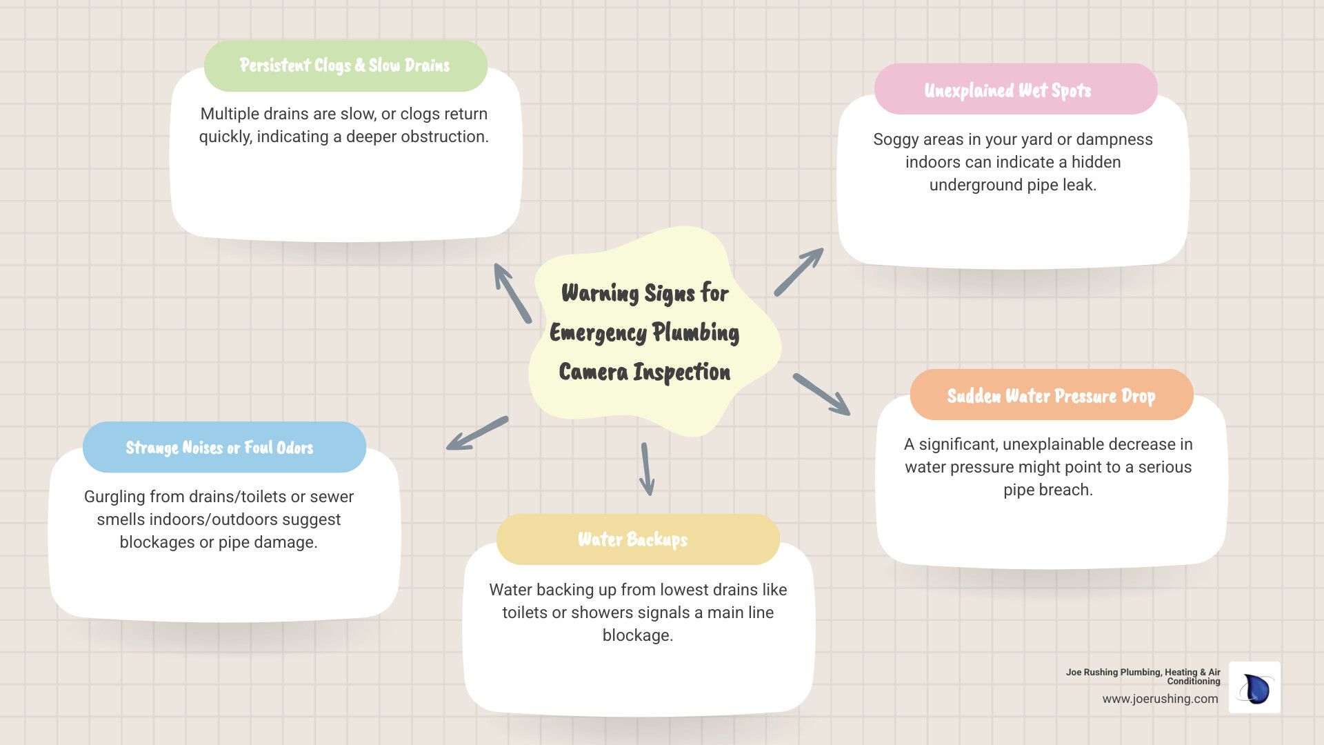 Infographic showing warning signs requiring emergency camera inspection: multiple slow drains throughout home, gurgling sounds from toilets or drains, foul sewage odors indoors or in yard, water backing up in lowest drains, unexplained wet spots in lawn, and sudden drop in water pressure - 24 hour camera inspection in lubbock, tx infographic mindmap-5-items