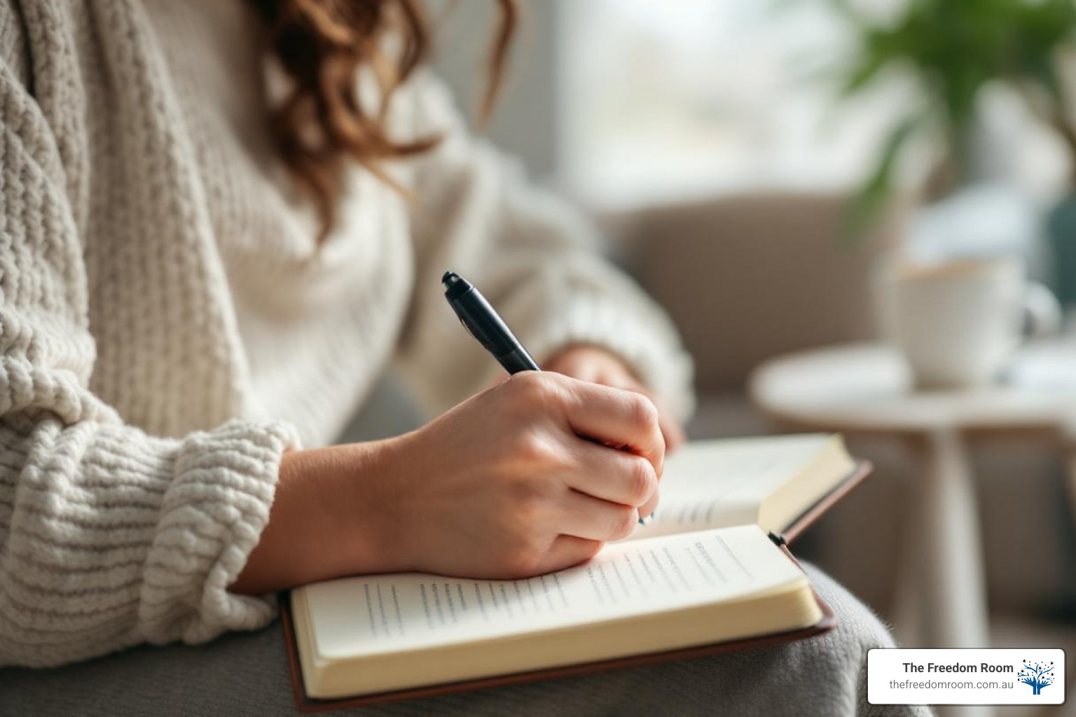 person writing reflectively in a journal in a quiet, comfortable space - strategies to prevent relapse