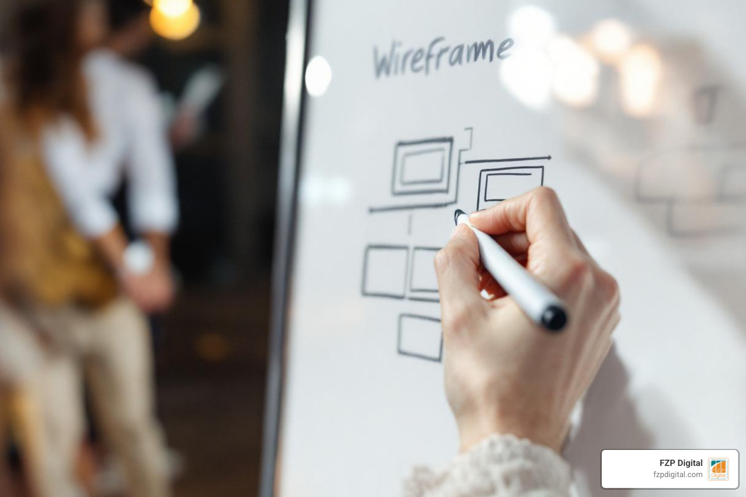 A hand drawing a simple website wireframe on a whiteboard, outlining main pages and navigation elements. - WordPress development for nonprofits A hand drawing a simple website wireframe on a whiteboard, outlining main pages and navigation elements. - WordPress development for nonprofits
