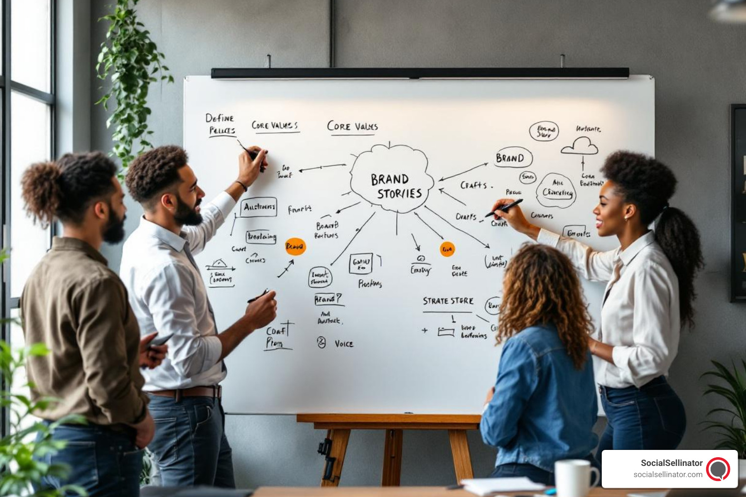 A diverse team of professionals collaborating around a whiteboard, sketching ideas and connecting concepts with lines, symbolizing the process of defining core values, crafting a brand story, and strategizing voice for an authentic brand. - brand authenticity strategy