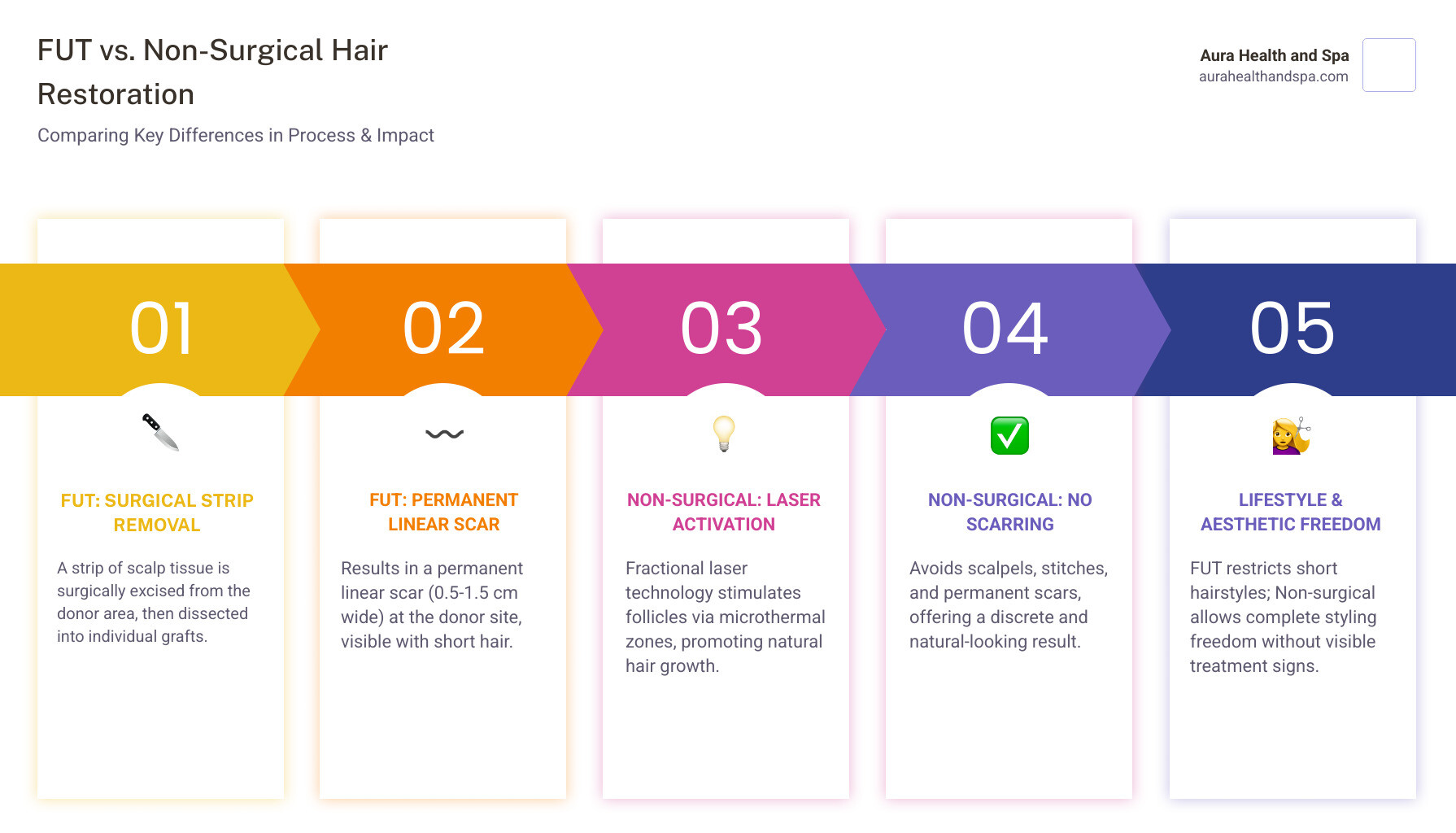 Infographic comparing FUT surgical donor strip removal process showing linear scar formation versus non-surgical fractional laser hair restoration showing microthermal zones activating follicles with no scarring - FUT donor area infographic pillar-5-steps