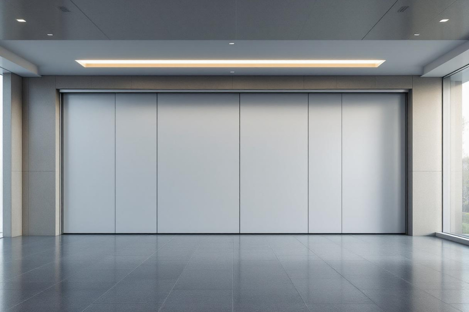 a large conference hall being divided into two smaller, soundproof meeting rooms with an operable wall - commercial room dividers a large conference hall being divided into two smaller, soundproof meeting rooms with an operable wall - commercial room dividers