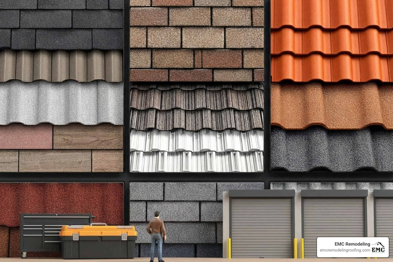A swatch display showcasing various roofing materials: asphalt shingles in different colors, metal roofing in standing seam and shingle profiles, and clay tiles - steep slope roofing