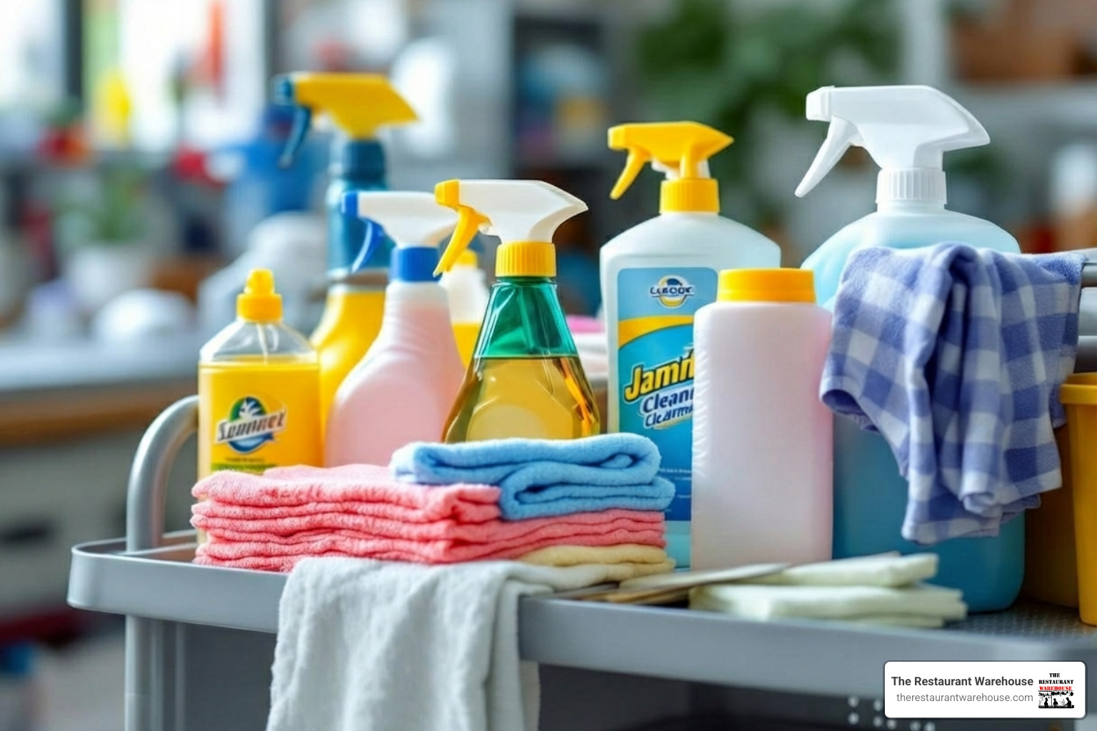 neatly organized cleaning chemicals, microfiber cloths, and spray bottles on a janitorial cart - janitorial equipment