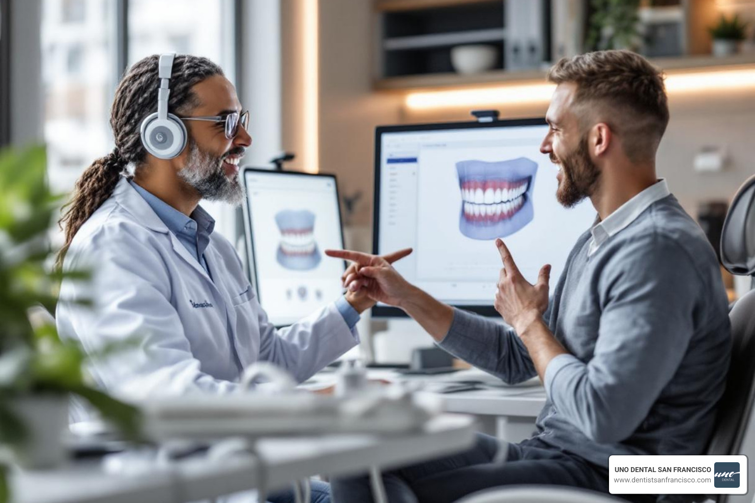 Dentist and patient reviewing digital smile design on a screen - San Francisco smile makeover Dentist and patient reviewing digital smile design on a screen - San Francisco smile makeover