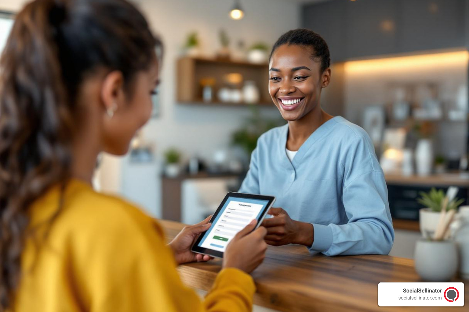 Modern, welcoming dental office reception area with a smiling patient checking in on a tablet. The tablet screen shows a digital appointment form. - best online marketing for dentists