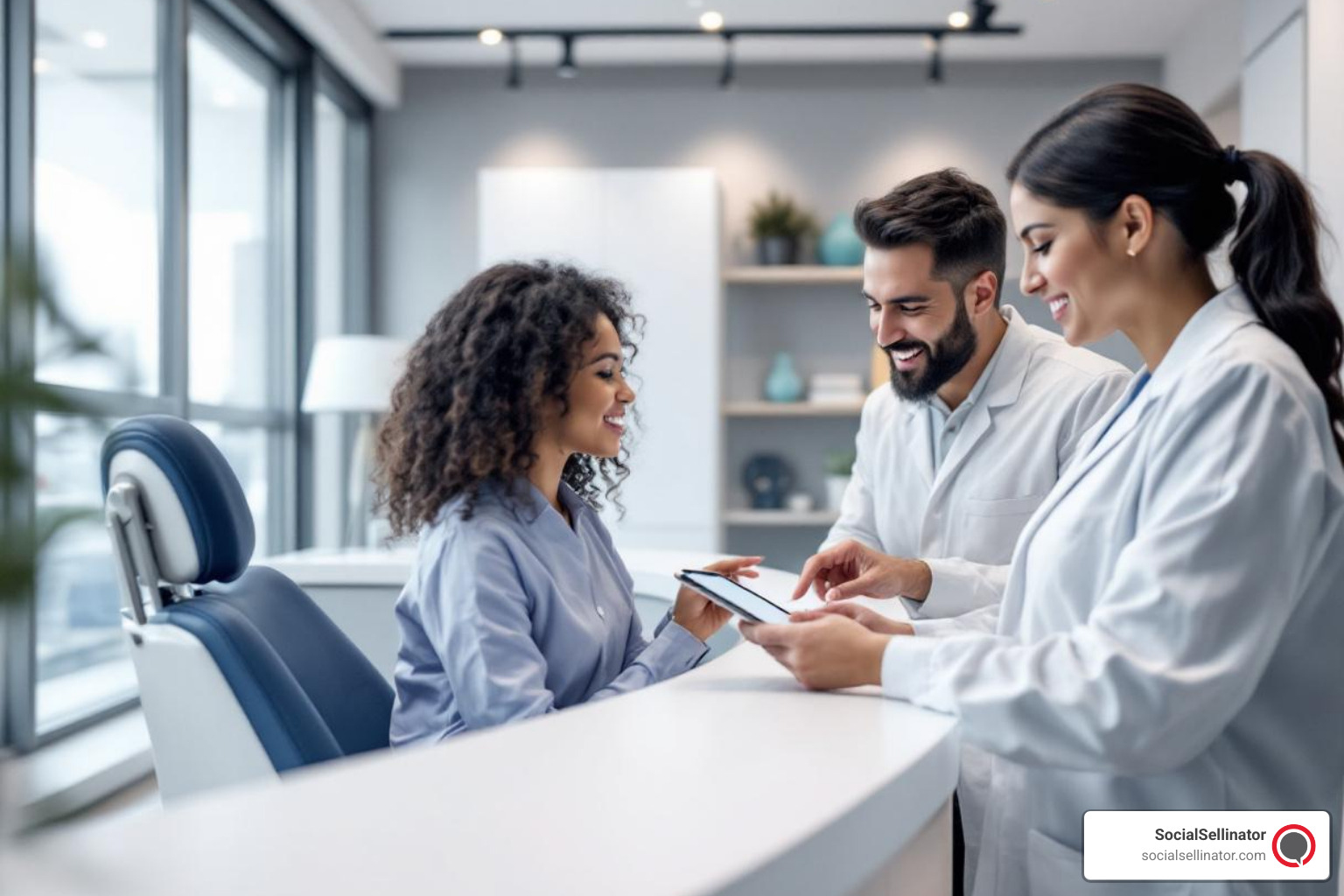 A modern, clean dental office reception area with a patient checking in on a tablet. The image conveys professionalism and digital integration. - best online marketing for dentists