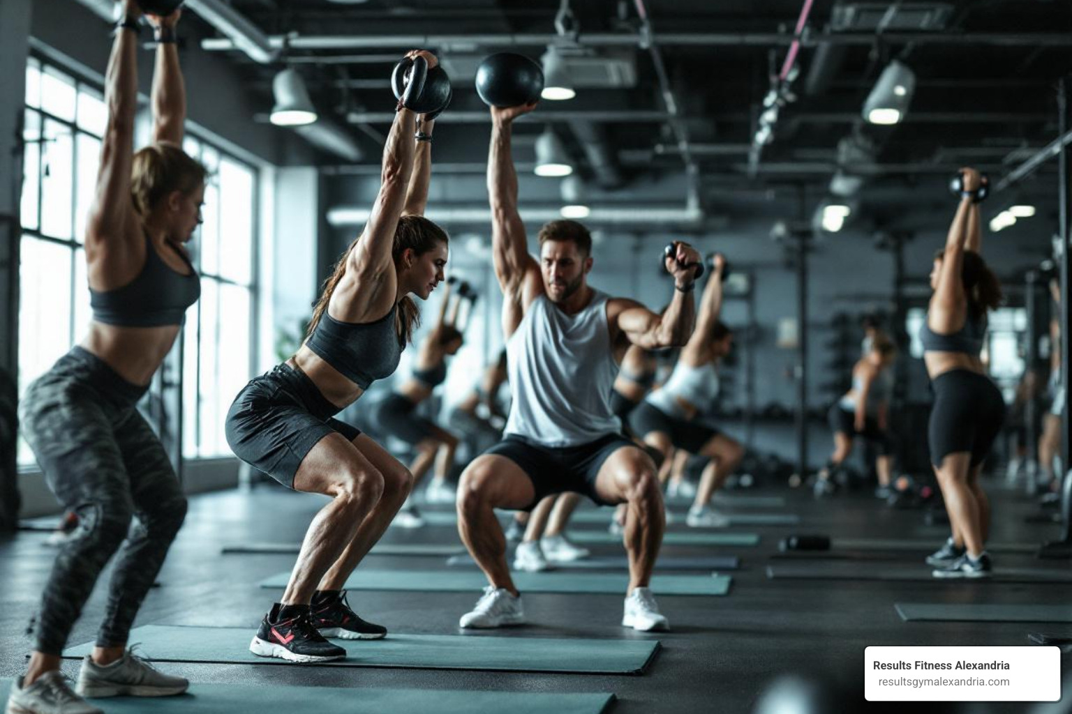 people performing high-intensity exercises like burpees or kettlebell swings in a circuit class - cardio exercise classes near me