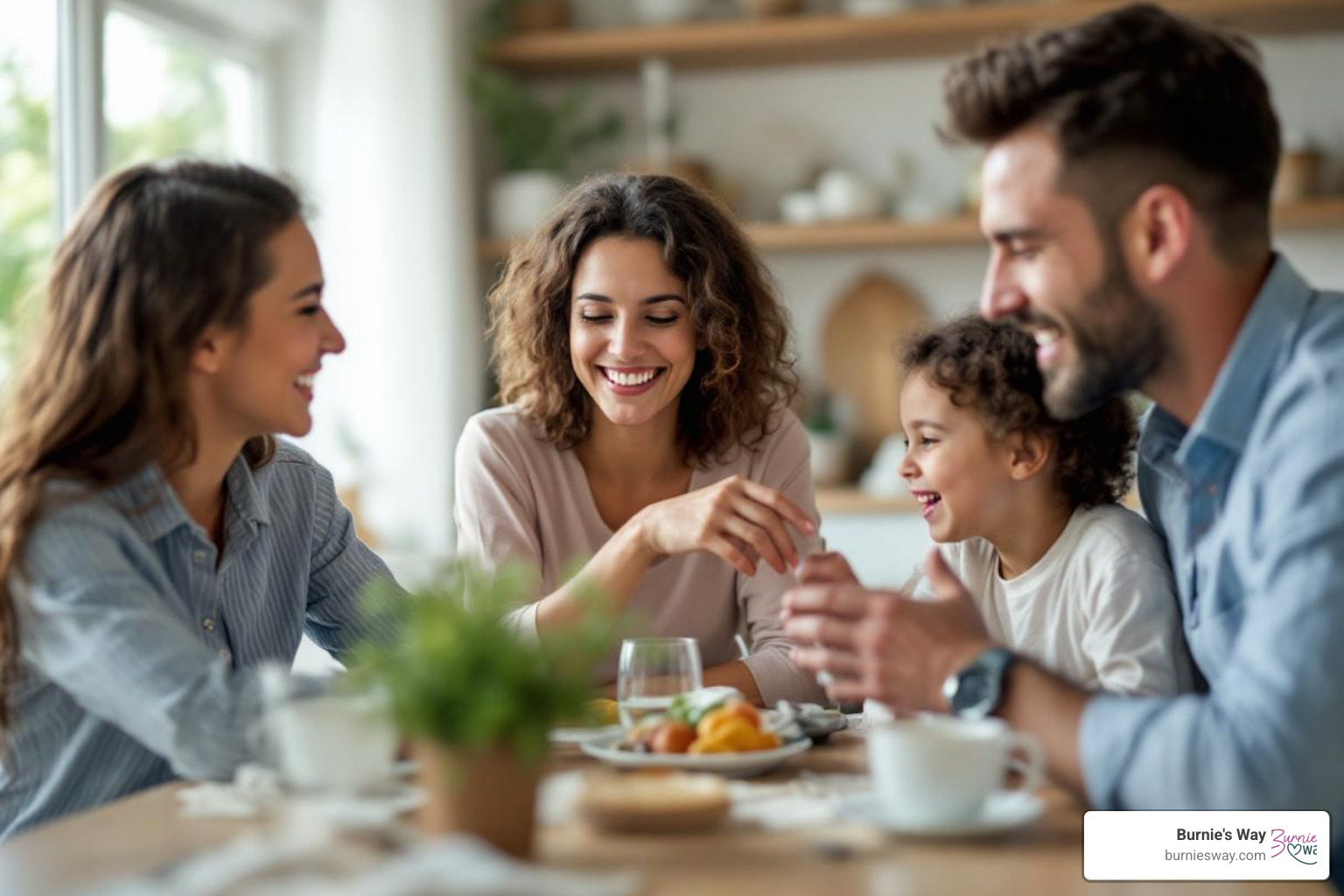 family having a warm conversation at a kitchen table - old people care taker