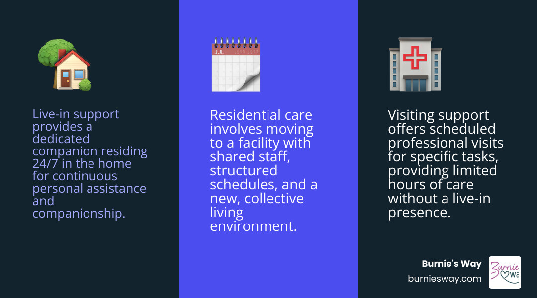 infographic showing three columns comparing live-in support (24-hour companion in home, personal assistance and companionship, maintains all routines and familiar environment), visiting support (scheduled visits for specific tasks, limited hours per day, good for lower-level needs), and residential care facilities (move to new location, shared staff and schedules, structured environment) - live in carer for elderly person infographic 3_facts_emoji_blue
