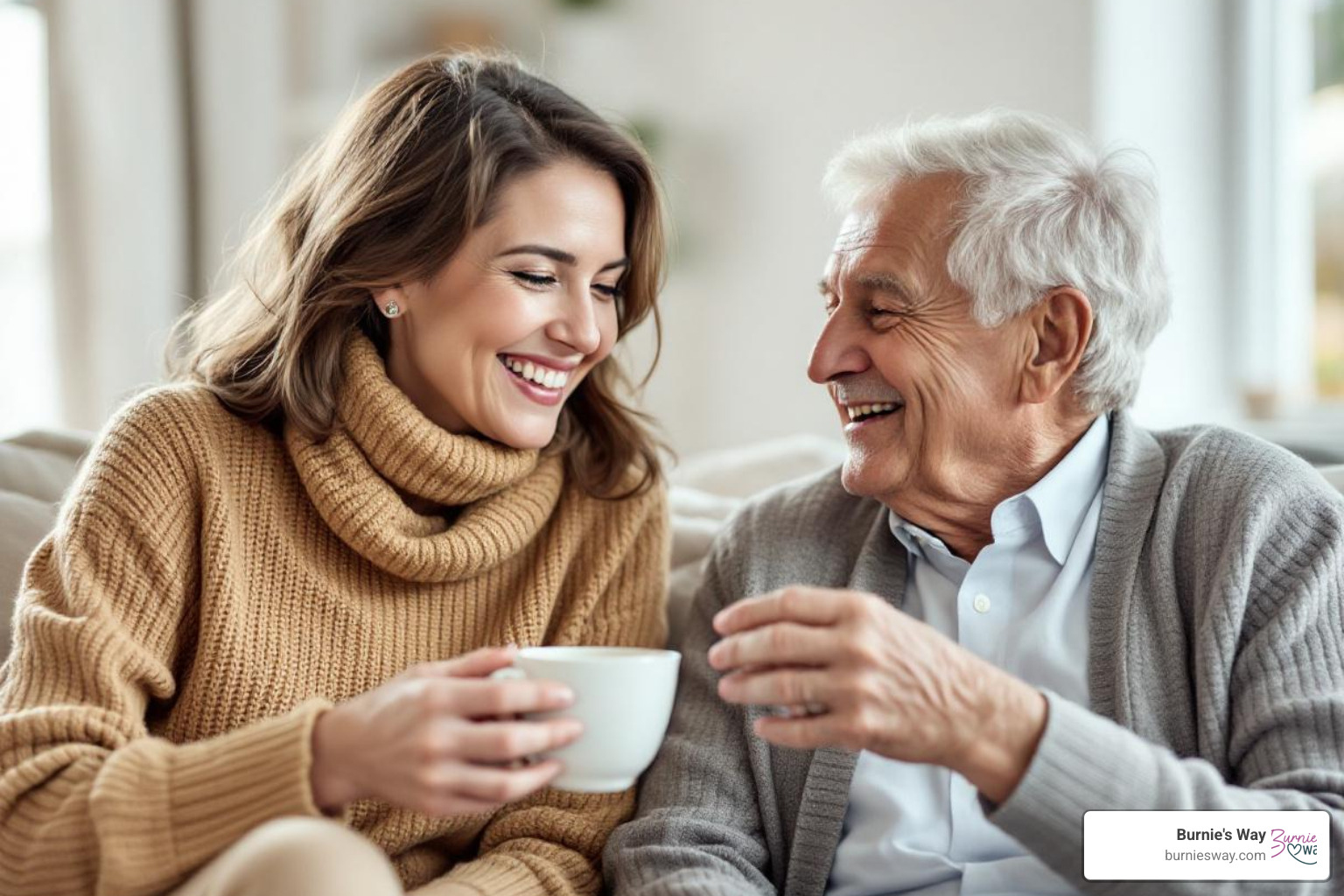 A friendly companion sharing a cup of tea with an older adult, smiling - daily life assistance
