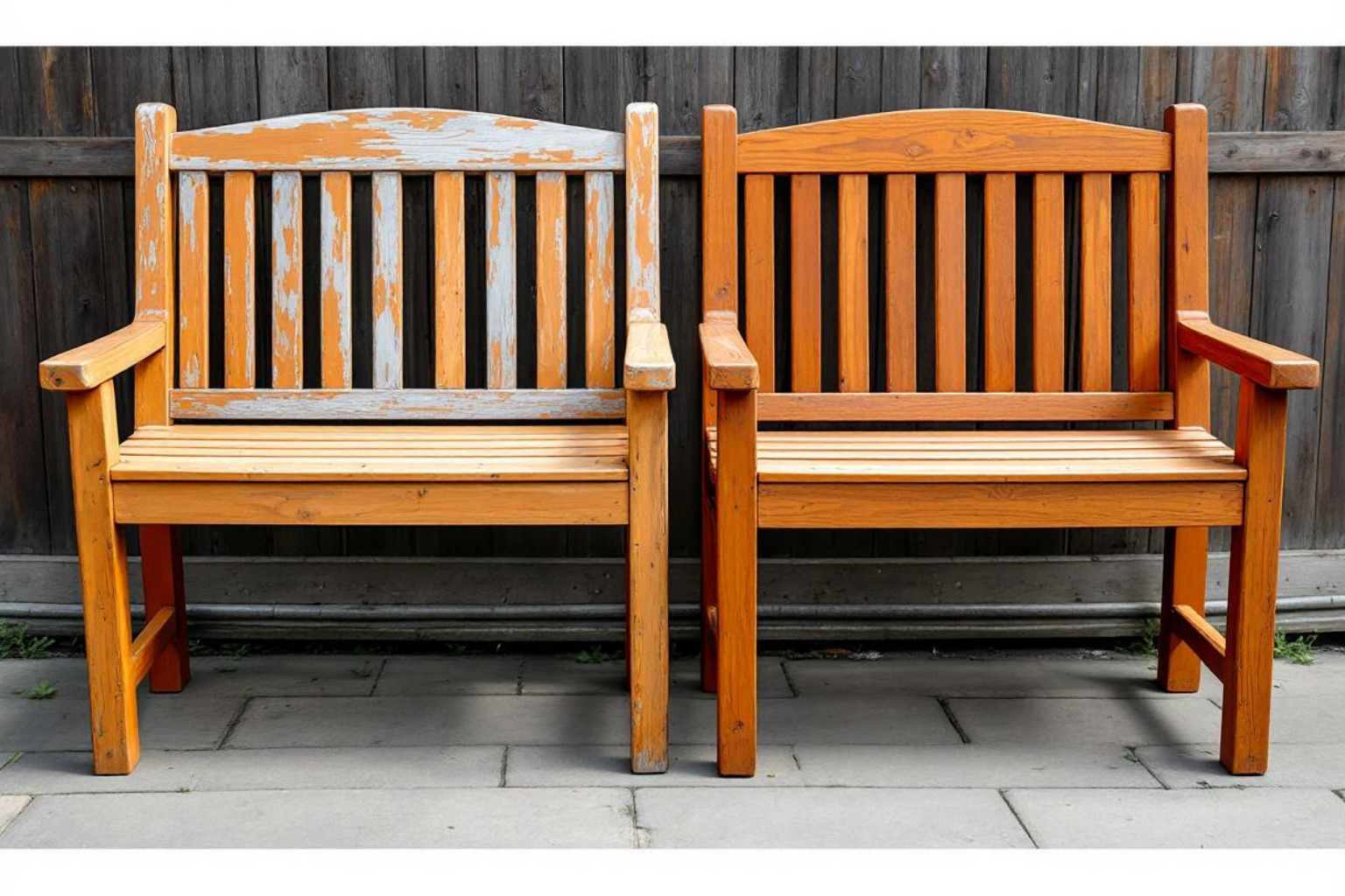 Weathered teak bench with a beautiful silver patina next to a newly sealed one - outdoor wood furniture maintenance