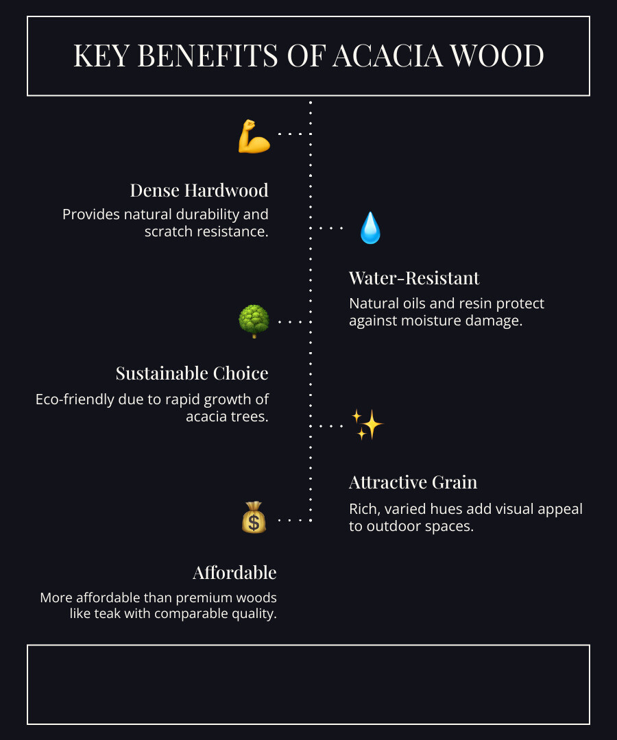 Infographic showing the key benefits of acacia wood for outdoor furniture: dense hardwood structure provides natural durability and scratch resistance; water-resistant properties from natural oils and resin protect against moisture damage; sustainable and eco-friendly due to rapid growth of acacia trees; attractive grain patterns with rich, varied hues add visual appeal; more affordable than premium woods like teak while offering comparable quality - acacia patio furniture care infographic infographic-line-5-steps-dark