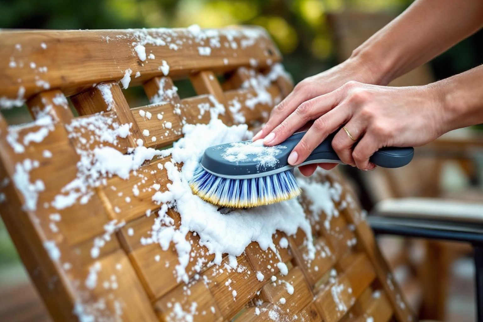 Person cleaning acacia chair - acacia patio furniture care