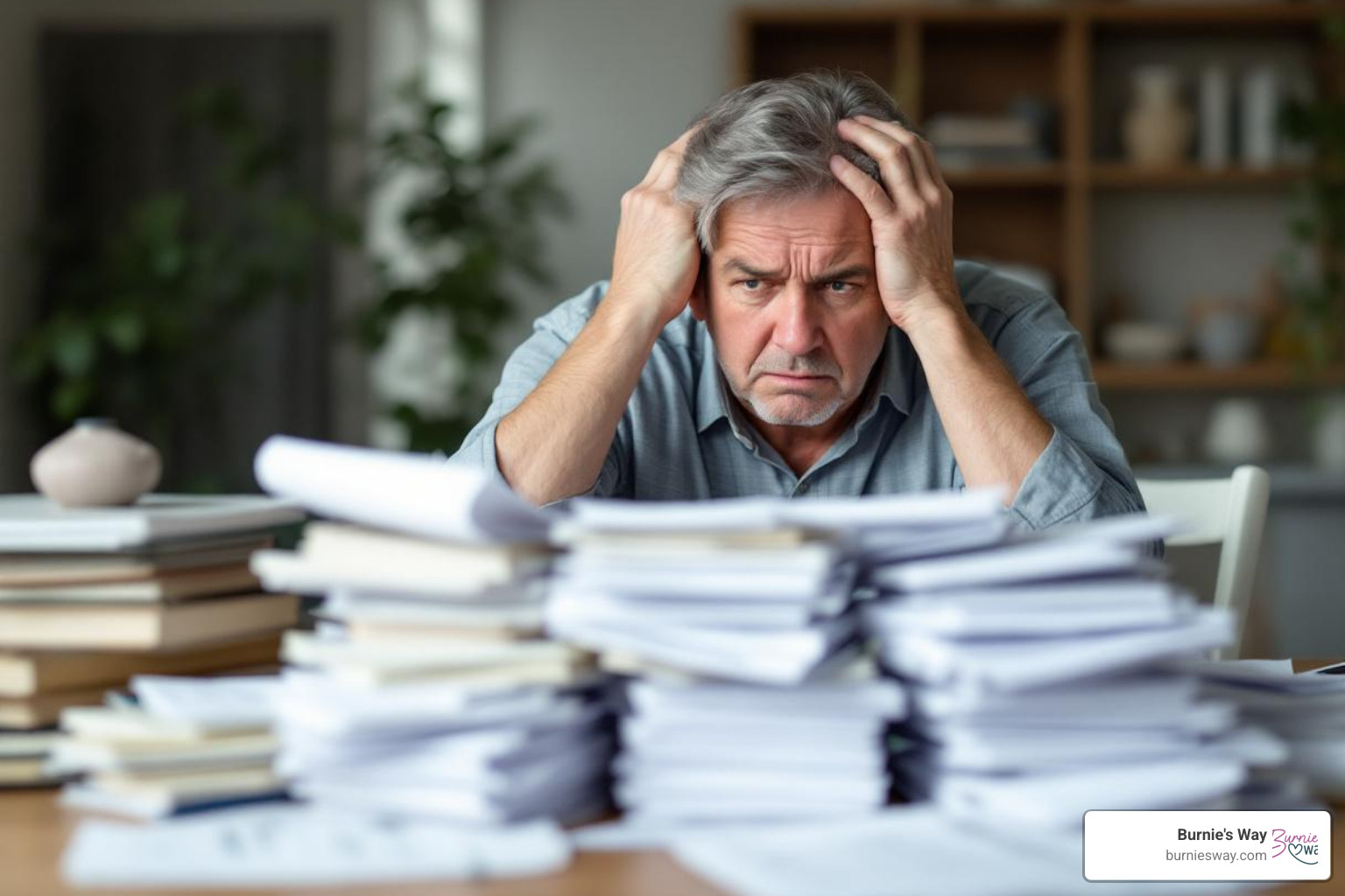 stressed family member looking at a pile of paperwork - elder care specialists
