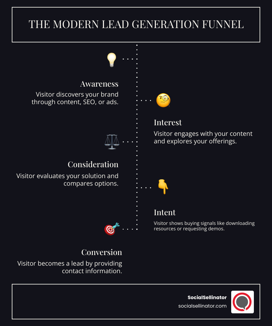 Infographic showing the modern lead generation funnel with five stages: Awareness (visitor discovers your brand through content, SEO, or ads), Interest (visitor engages with your content and explores your offerings), Consideration (visitor evaluates your solution and compares options), Intent (visitor shows buying signals like downloading resources or requesting demos), and Conversion (visitor becomes a lead by providing contact information). Arrows flow downward between stages, with statistics showing average conversion rates at each stage and key tactics like A/B testing, lead magnets, and nurturing campaigns. - thrive lead generation infographic infographic-line-5-steps-dark