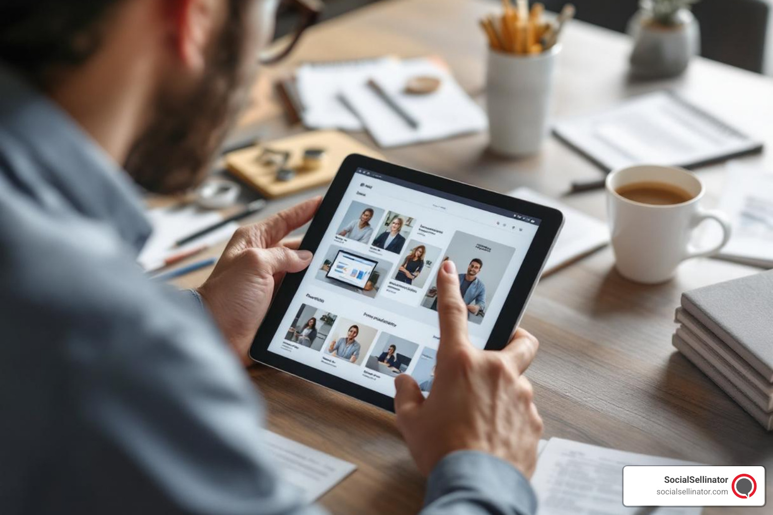 A professional-looking person is intently reviewing a web design portfolio on a sleek tablet, surrounded by notes and a coffee cup, conveying a sense of careful consideration and decision-making. - web design bradford