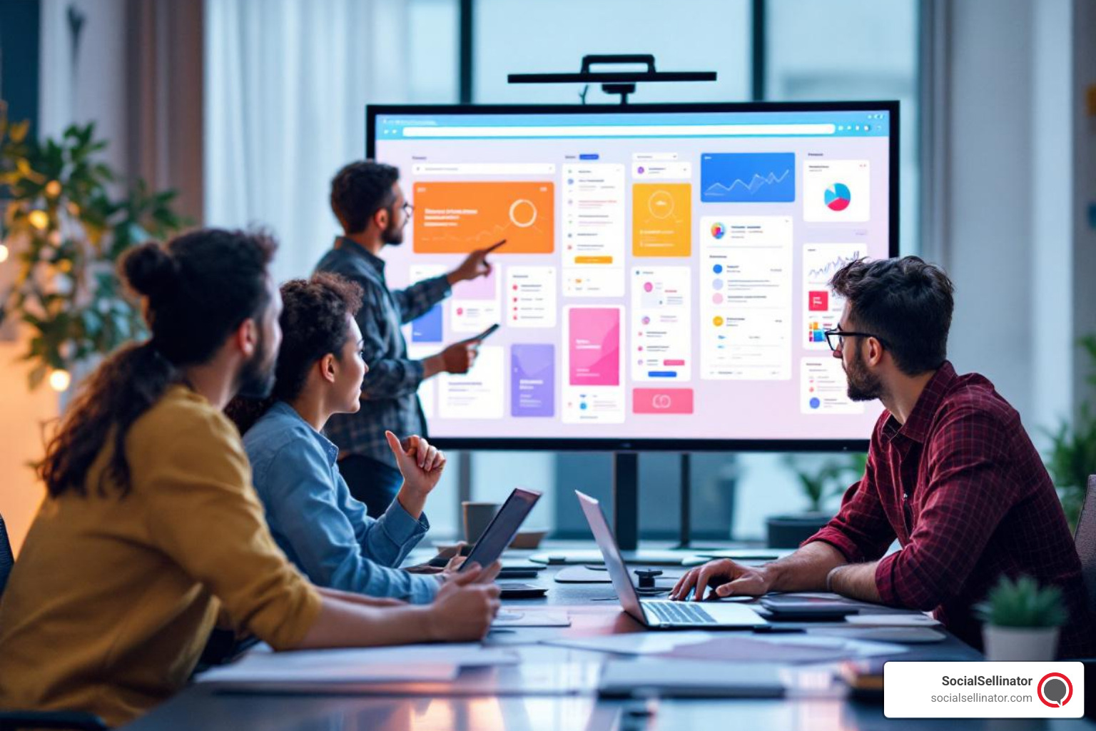 A diverse team of web designers and developers collaborating intensely around a large monitor displaying complex website wireframes, reflecting a dynamic and creative problem-solving environment. - web design bradford
