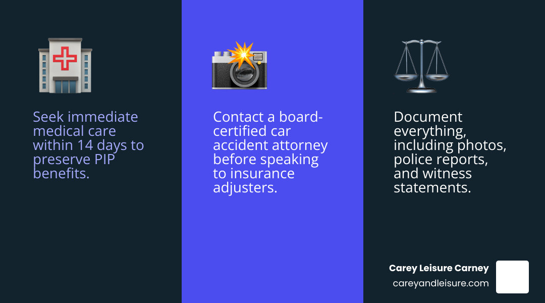Infographic showing three crucial steps after a Florida car accident: 1. Seek immediate medical care within 14 days to preserve PIP benefits, 2. Document everything including photos, police reports, and witness statements, 3. Contact a board-certified car accident attorney before speaking to insurance adjusters - car accident attorney largo infographic 3_facts_emoji_blue Infographic showing three crucial steps after a Florida car accident: 1. Seek immediate medical care within 14 days to preserve PIP benefits, 2. Document everything including photos, police reports, and witness statements, 3. Contact a board-certified car accident attorney before speaking to insurance adjusters - car accident attorney largo infographic 3_facts_emoji_blue