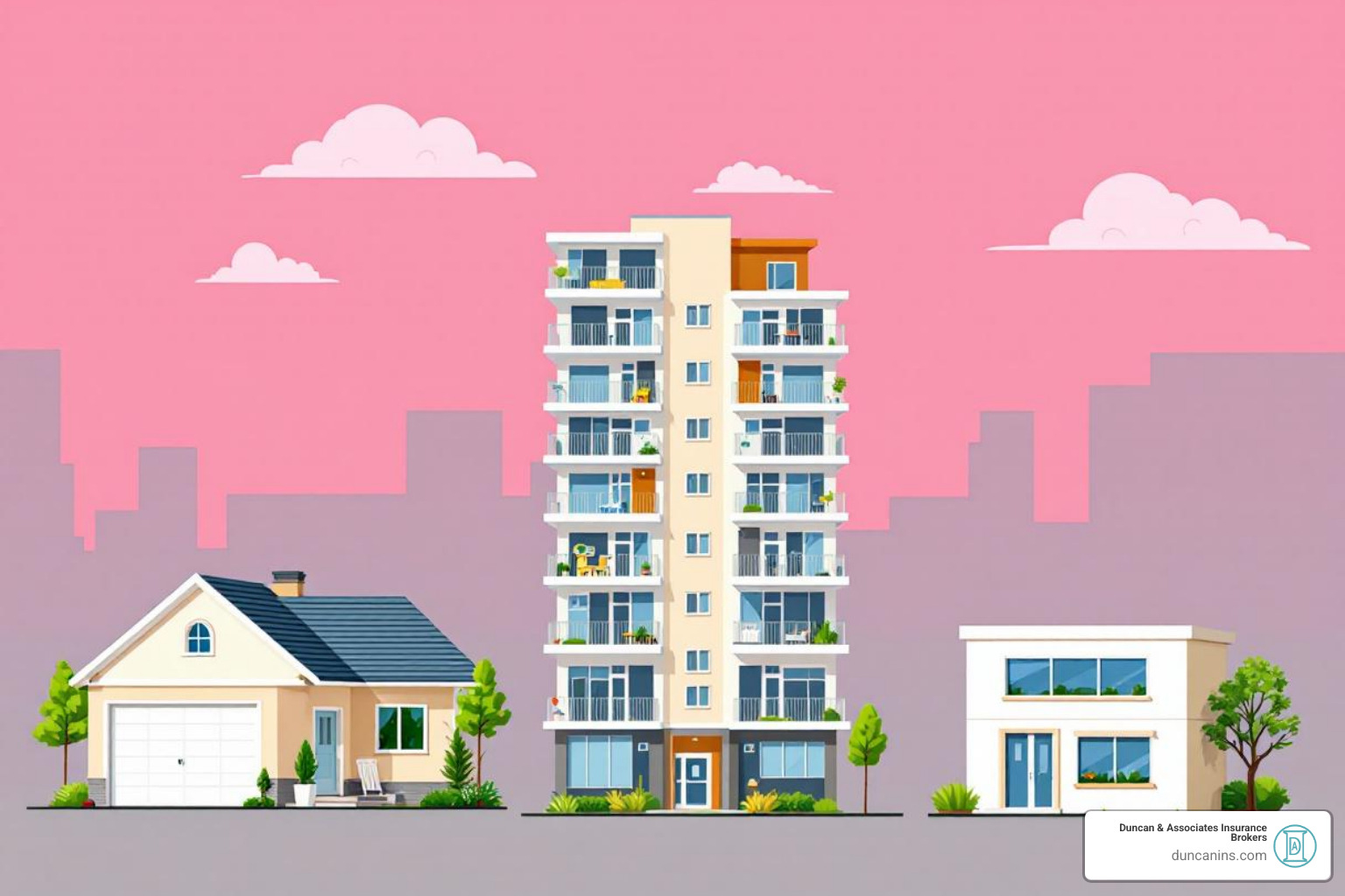 collage of different property types: a single-family rental, a condo building, and a small office space - property owner insurance