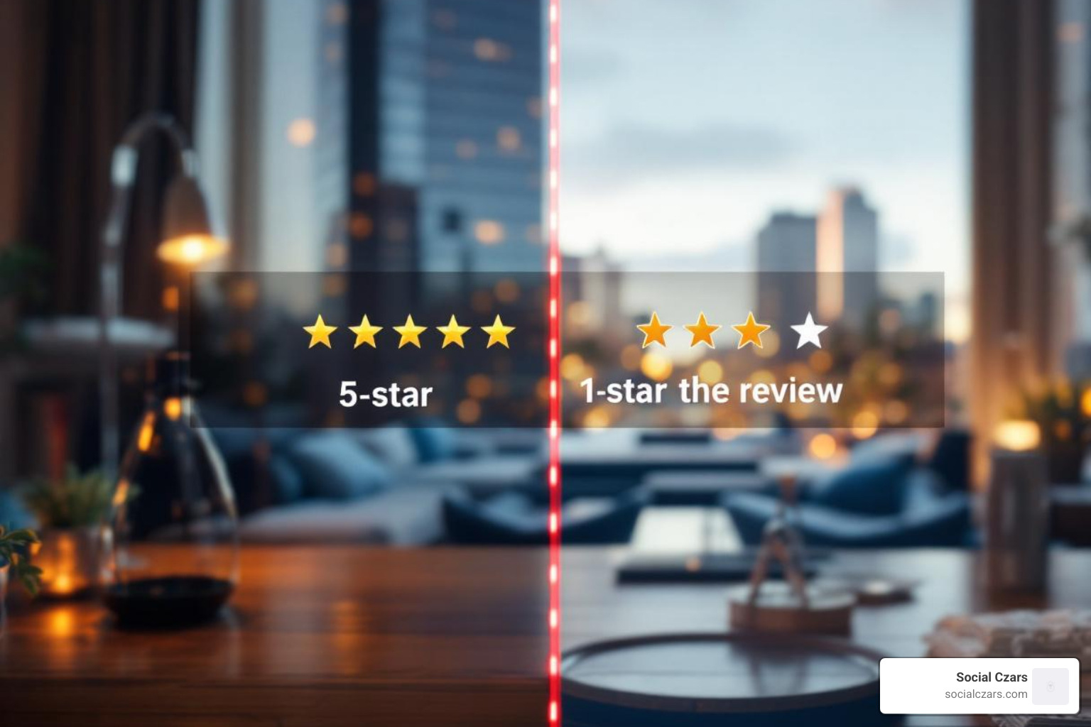 Image of a split screen showing a 5-star hotel review and a 1-star review - Brand reputation repair Miami
