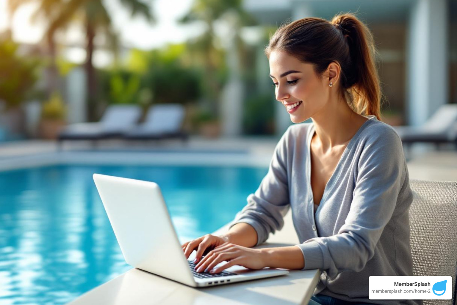 A club administrator sits by a sparkling pool, calmly managing tasks on a laptop with a serene expression, illustrating the ease and efficiency offered by modern swim club software - swim club software Maryland
