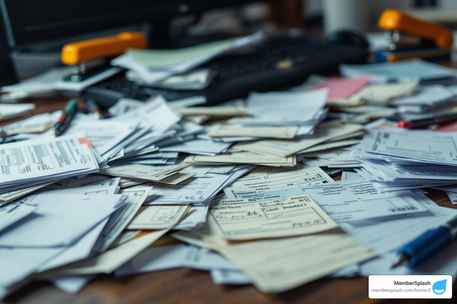A cluttered desk with piles of paper registration forms, checks, and handwritten notes, symbolizing the administrative burden of manual processes - swim club software Maryland