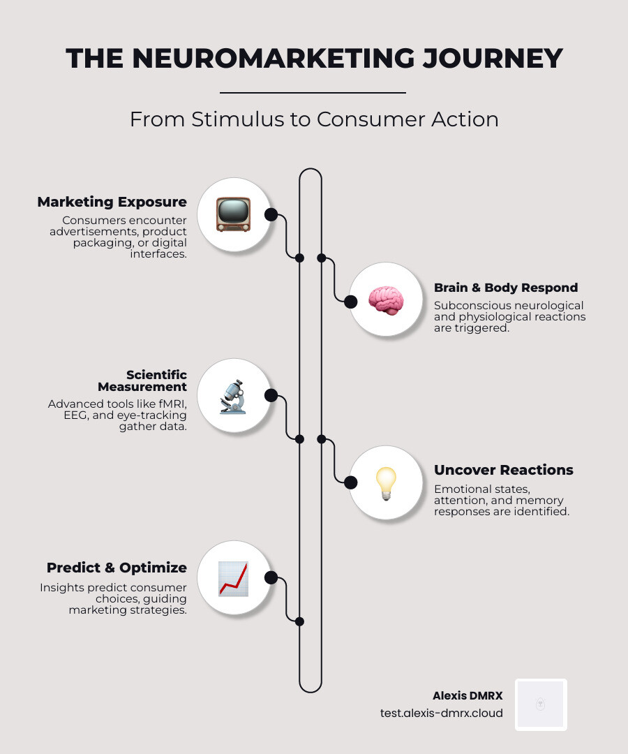 Infographic showing the neuromarketing process: marketing stimulus (ad, product, website) triggers subconscious brain response measured by tools like EEG and eye-tracking, which reveals emotional and cognitive reactions that predict consumer action (purchase, click, recall) - neuromarketing infographic infographic-line-5-steps-elegant_beige