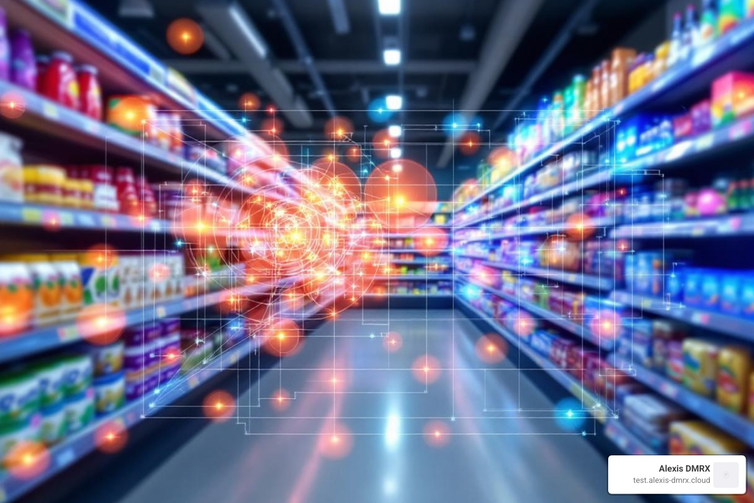 A supermarket aisle with an eye-tracking heatmap overlay on products, showing consumer attention - neuromarketing