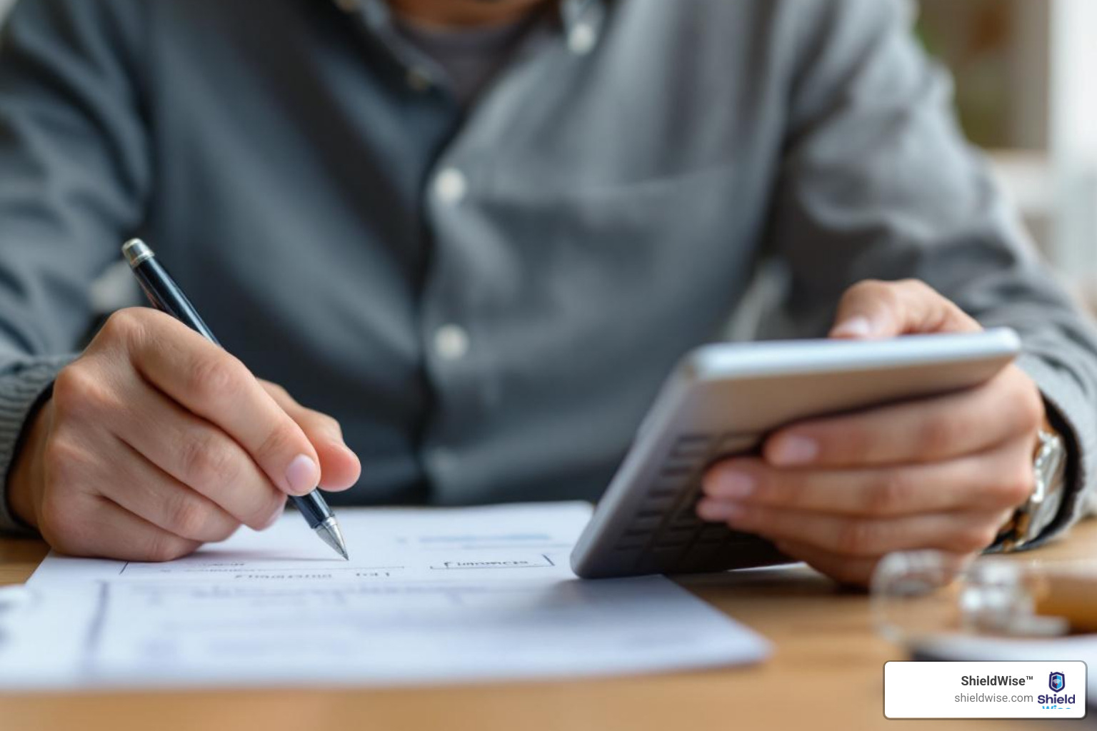 Image of a person using a calculator and a notepad to assess their needs, with a thoughtful expression - how to prioritize insurance coverage on limited income