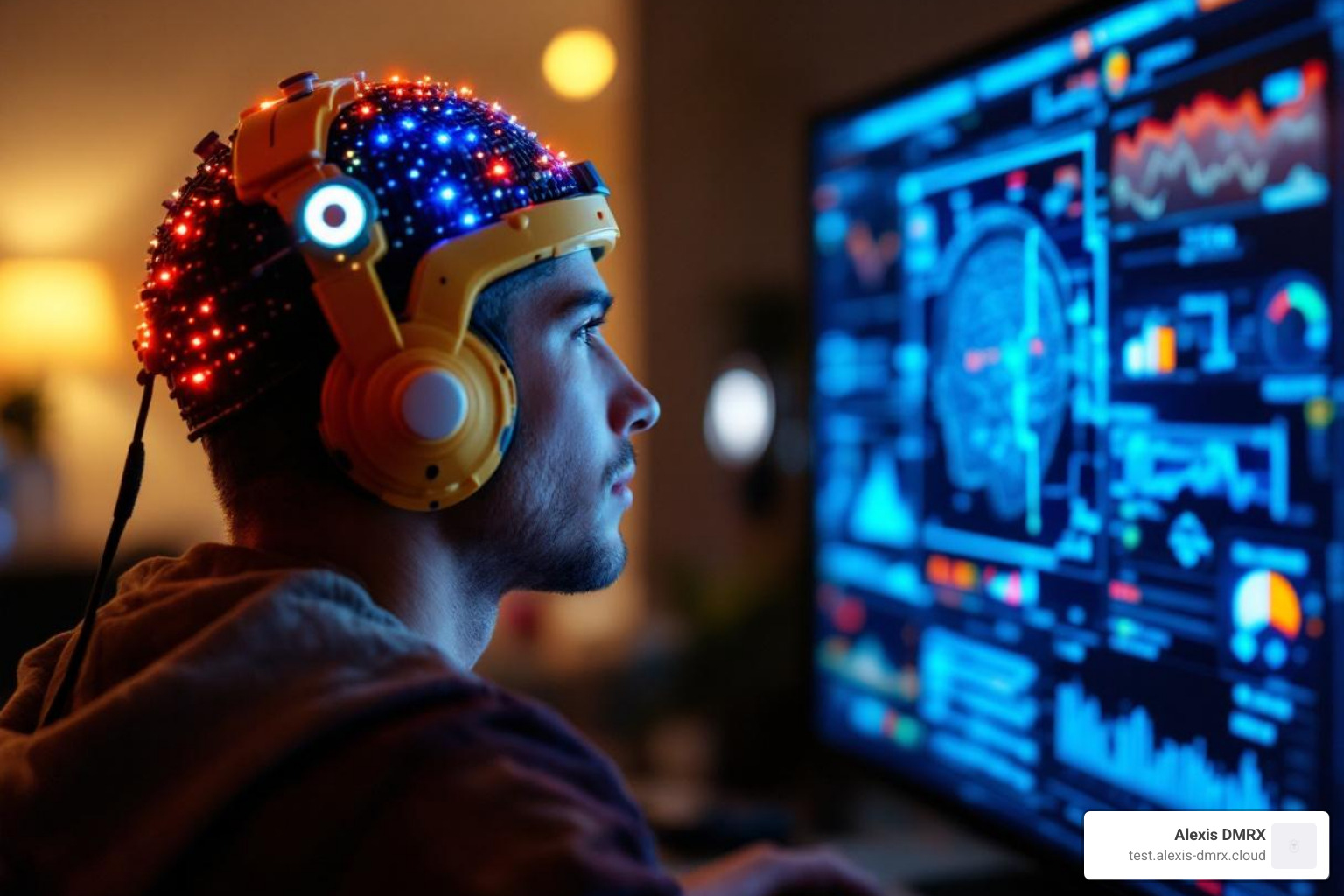 A person wearing an EEG cap while viewing a screen, illustrating neuromarketing research - neuromarketing