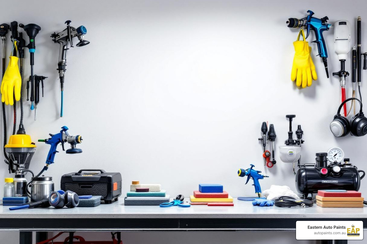 A workspace organized with essential tools for auto paint application, including spray guns, sanding blocks, and a compressor.