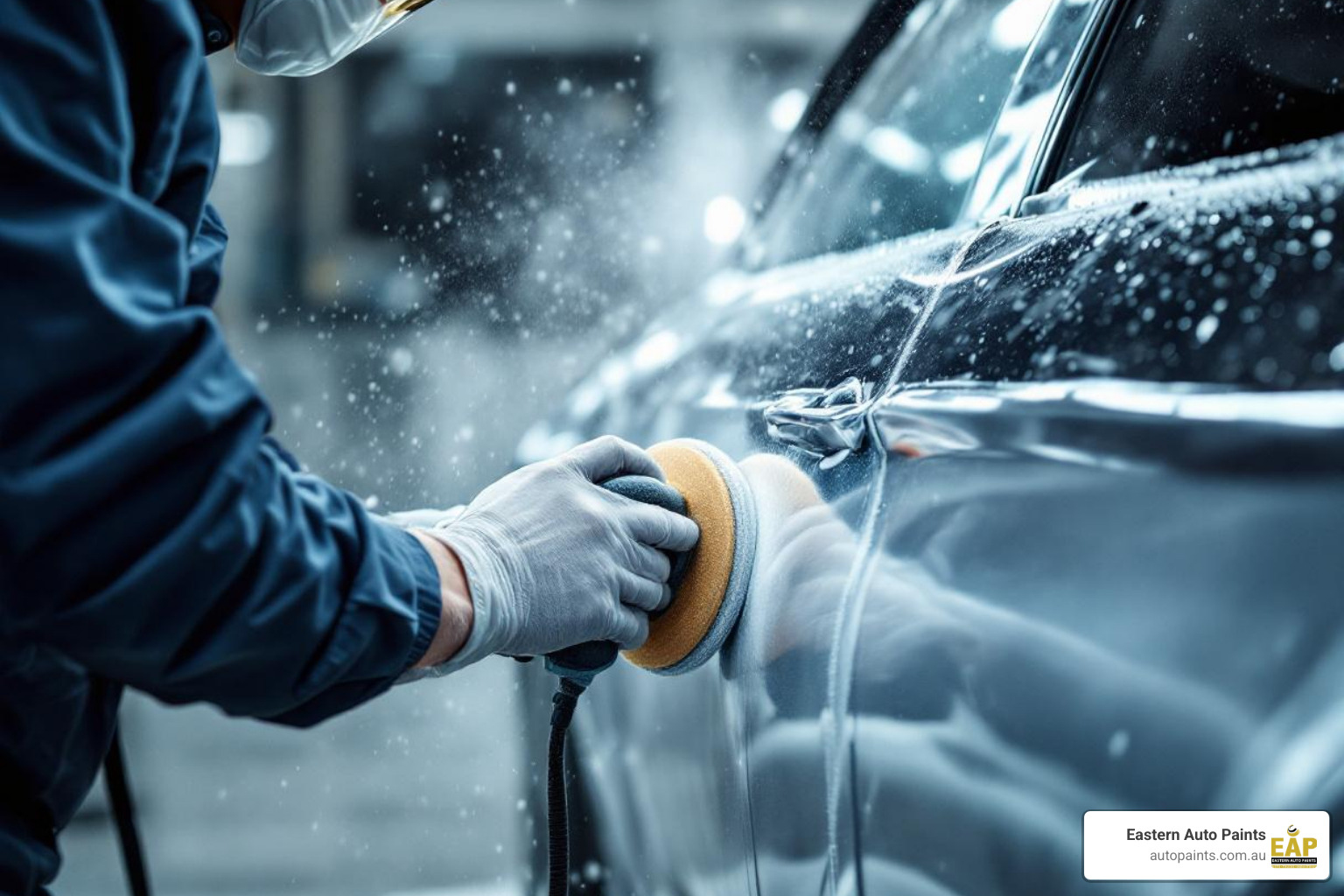 Close-up of a technician using a power buffer on a car door, a critical step in professional auto paint application.
