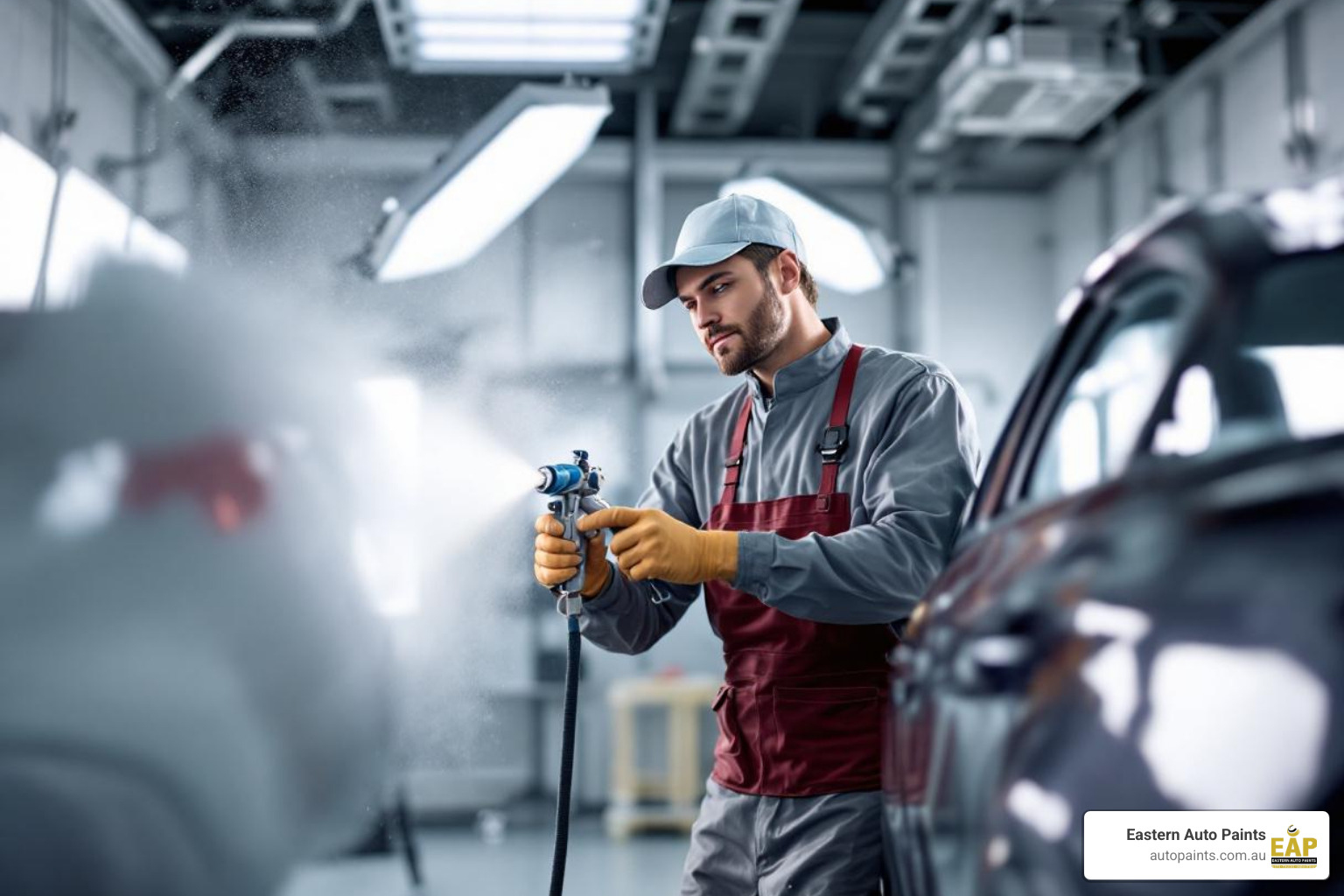 A technician in a spray booth uses a professional spray gun for auto paint application on a silver vehicle.