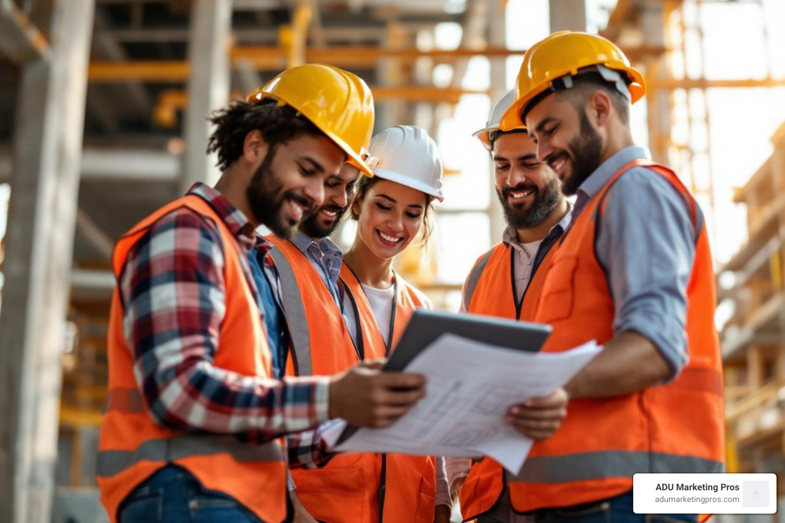 diverse team of architects and builders reviewing blueprints on a tablet at a construction site - Bay Area builders