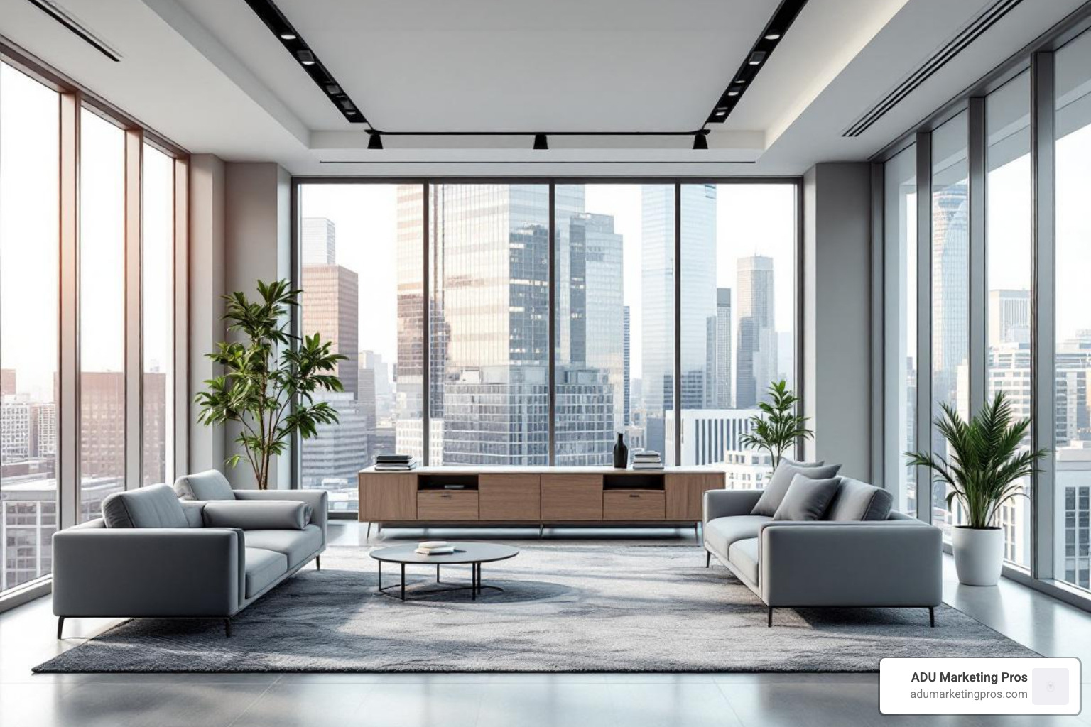 completed, sleek commercial office interior with modern furnishings and large windows - Bay Area builders