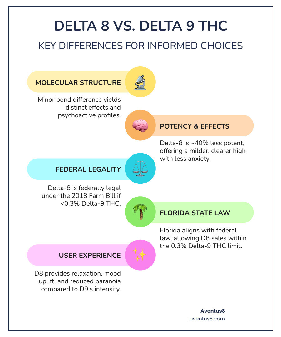 Infographic showing Delta 8 THC vs Delta 9 THC comparison including molecular structure differences, potency levels (Delta 8 is 40% less potent), legal status under 2018 Farm Bill, typical effects (Delta 8: relaxation, clarity, reduced paranoia vs Delta 9: stronger high, potential anxiety), and Florida state compliance requirements with 0.3% Delta-9 THC limit - buy delta 8 thc flower online infographic infographic-line-5-steps-colors